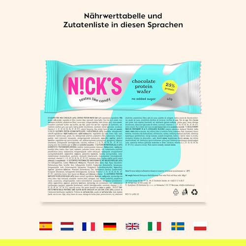 NICKS Riegel Schokolade Wafer – Glutenfreie Low Carb Waffeln für zuckerfreie Snacks, 165 Kalorien pro Riegel (24 x 35g)