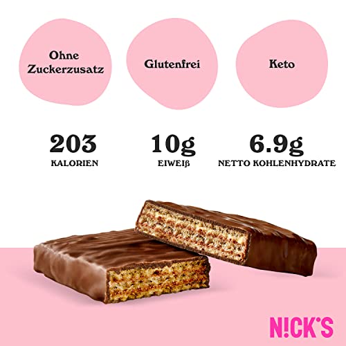 NICKS Riegel Schokolade Wafer – Glutenfreie Low Carb Waffeln für zuckerfreie Snacks, 165 Kalorien pro Riegel (24 x 35g)