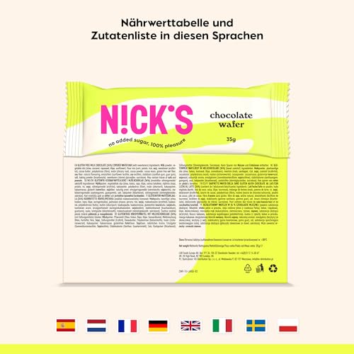 NICKS Riegel Schokolade Wafer – Glutenfreie Low Carb Waffeln für zuckerfreie Snacks, 165 Kalorien pro Riegel (24 x 35g)
