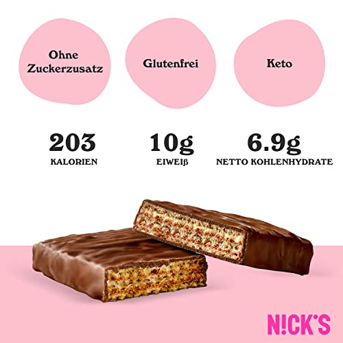 NICKS Riegel Schokolade Wafer – Glutenfreie Low Carb Waffeln für zuckerfreie Snacks, 165 Kalorien pro Riegel (24 x 35g)