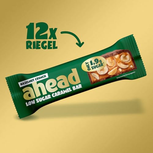 ahead Haselnuss Karamell Schokoriegel | 12x 35g ohne Zuckerzusatz | Knusprige Low Carb Süßigkeit für diätbewusste Genuss