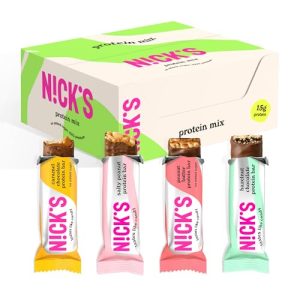 NICKS Protein Riegel Mix Box – 4 köstliche Sorten ohne Zuckerzusatz, 15g Eiweiß, glutenfreier Keto Snack!