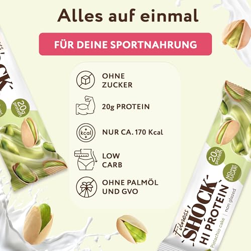 FitnesSHOCK High Proteinriegel Set – 20g Proteingehalt, zuckerfrei, kalorienarm, Pistazien-Kuchen Geschmack, ideal für F