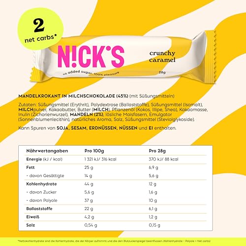 NICKS Keto Riegel Erdnüsse & Karamell - Schokoladensnack für Low Carb Genießer, glutenfrei, ideal für unterwegs (15x40g)