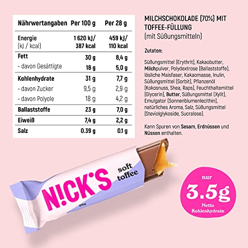 NICKS Keto Riegel Soft Toffee – Schokolade Karamell Snacks, 110 Kalorien, glutenfrei, perfekt für Low Carb Diät!