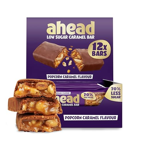 ahead Haselnuss Karamell Schokoriegel | 12x 35g ohne Zuckerzusatz | Knusprige Low Carb Süßigkeit für diätbewusste Genuss