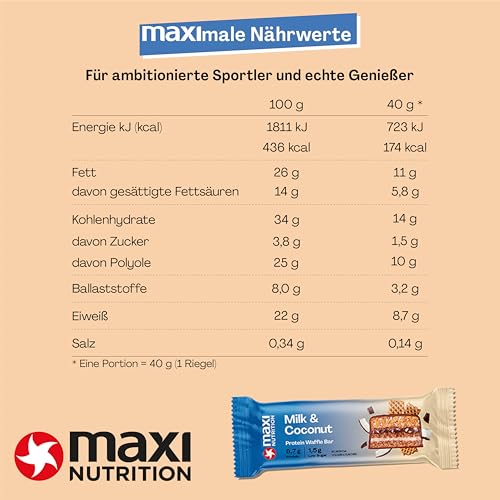 MaxiNutrition Protein Waffelriegel mit Milch & Kokosnuss - 22% Eiweiß, zuckerfrei, ideal für Sportler, 12er Pack