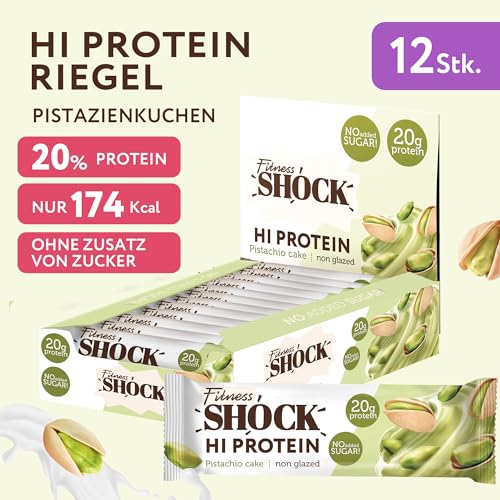 FitnesSHOCK High Proteinriegel Set – 20g Proteingehalt, zuckerfrei, kalorienarm, Pistazien-Kuchen Geschmack, ideal für F