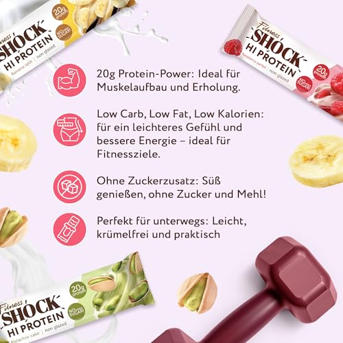 FitnesSHOCK High Proteinriegel Set – 20g Proteingehalt, zuckerfrei, kalorienarm, Pistazien-Kuchen Geschmack, ideal für F