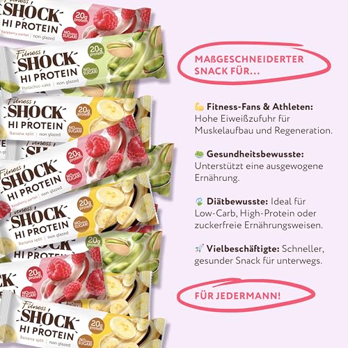 FitnesSHOCK High Proteinriegel Set – 20g Proteingehalt, zuckerfrei, kalorienarm, Pistazien-Kuchen Geschmack, ideal für F