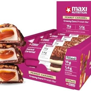MaxiNutrition Creamy Core Bar Erdnuss-Karamell – 12x45g Proteinriegel, 32% Eiweiß, wenig Zucker für Sport und Snackgenus