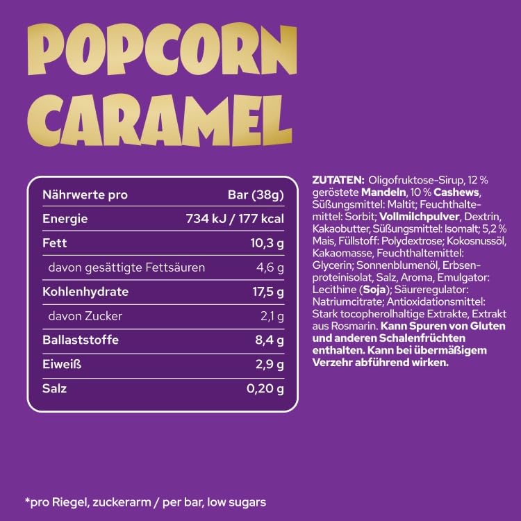 ahead Haselnuss Karamell Schokoriegel | 12x 35g ohne Zuckerzusatz | Knusprige Low Carb Süßigkeit für diätbewusste Genuss