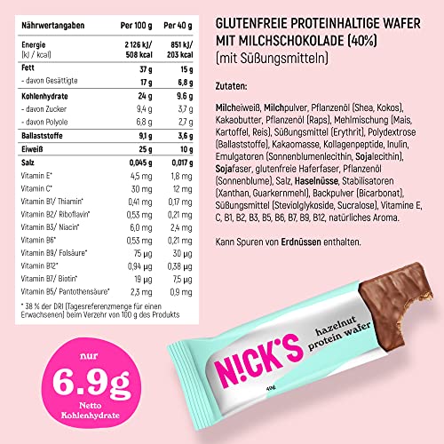 NICKS Riegel Schokolade Wafer – Glutenfreie Low Carb Waffeln für zuckerfreie Snacks, 165 Kalorien pro Riegel (24 x 35g)