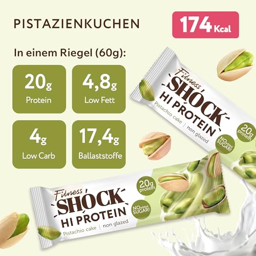 FitnesSHOCK High Proteinriegel Set – 20g Proteingehalt, zuckerfrei, kalorienarm, Pistazien-Kuchen Geschmack, ideal für F