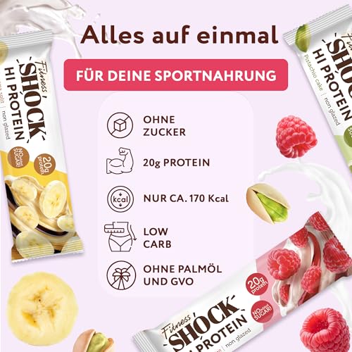 FitnesSHOCK High Proteinriegel Set – 20g Proteingehalt, zuckerfrei, kalorienarm, Pistazien-Kuchen Geschmack, ideal für F