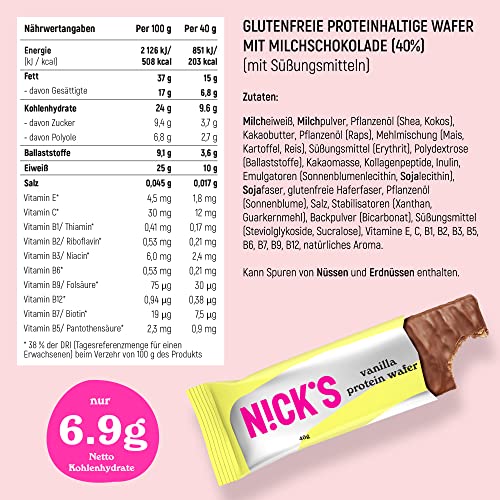 NICKS Riegel Schokolade Wafer – Glutenfreie Low Carb Waffeln für zuckerfreie Snacks, 165 Kalorien pro Riegel (24 x 35g)