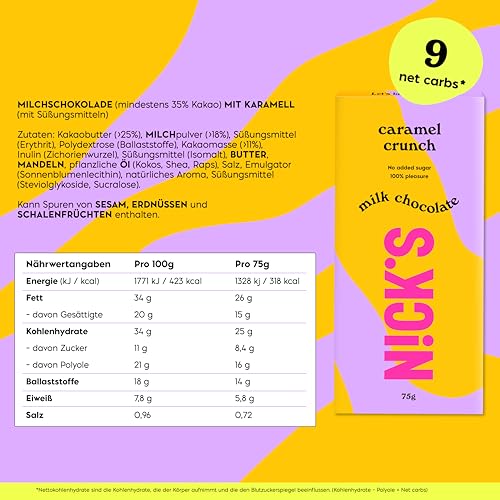 NICKS Milchschokolade Caramel Crunch – Zuckerfrei, Glutenfrei, Low Carb für gesunden Genuss zu Hause (3x75g)