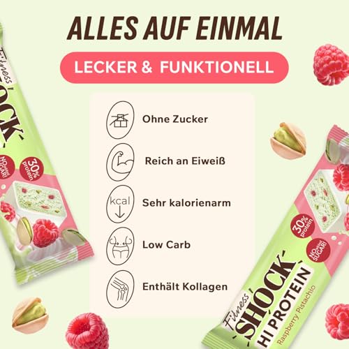 FitnesSHOCK High Proteinriegel Set – 20g Proteingehalt, zuckerfrei, kalorienarm, Pistazien-Kuchen Geschmack, ideal für F