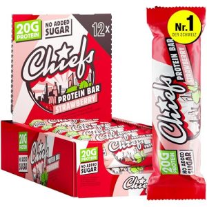 Chiefs Proteinriegel Erdbeere - 20 g Protein, zuckerfreier Snack für Sport & Alltag - 12 x 55 g Eiweiß ohne Palmöl