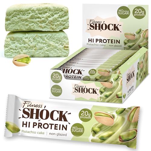 FitnesSHOCK High Proteinriegel Set – 20g Proteingehalt, zuckerfrei, kalorienarm, Pistazien-Kuchen Geschmack, ideal für F