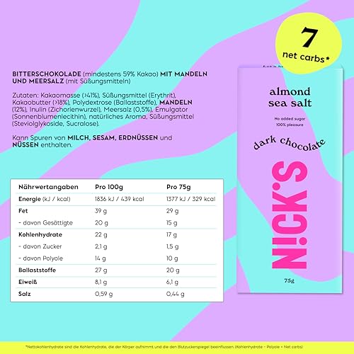 NICKS Milchschokolade Caramel Crunch – Zuckerfrei, Glutenfrei, Low Carb für gesunden Genuss zu Hause (3x75g)