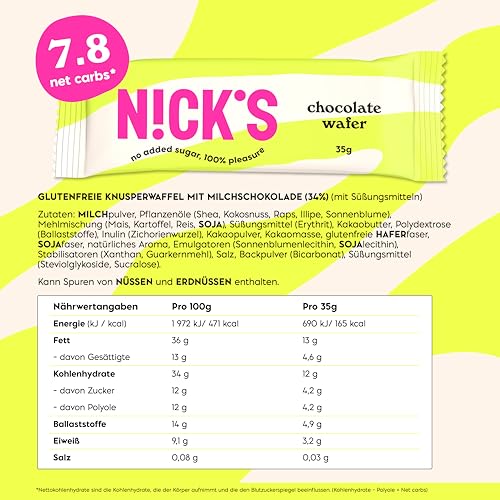 NICKS Riegel Schokolade Wafer – Glutenfreie Low Carb Waffeln für zuckerfreie Snacks, 165 Kalorien pro Riegel (24 x 35g)