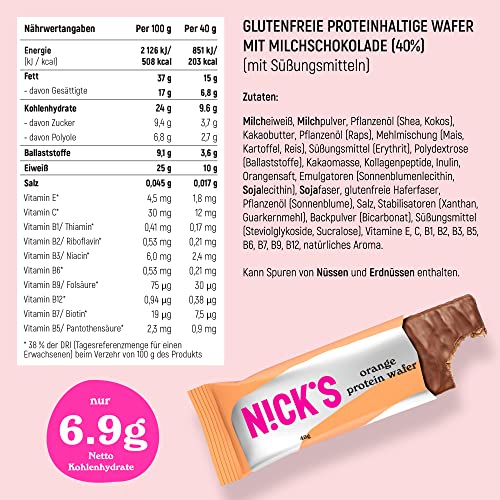 NICKS Riegel Schokolade Wafer – Glutenfreie Low Carb Waffeln für zuckerfreie Snacks, 165 Kalorien pro Riegel (24 x 35g)